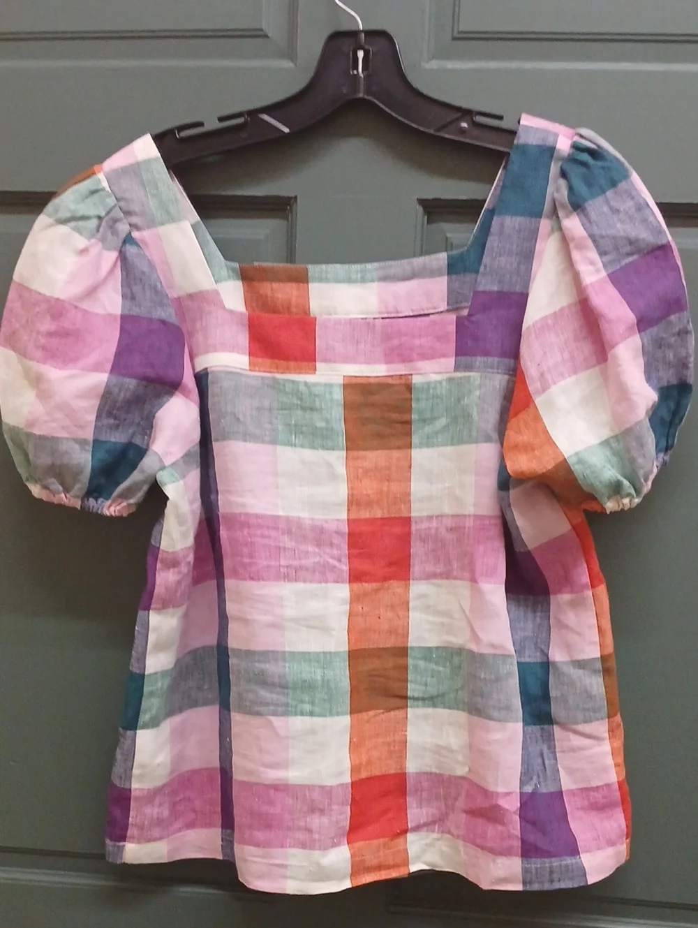 Boden Linen Multi-Color Madras Gingham Puff Sleeve Square Neck Top Size 2